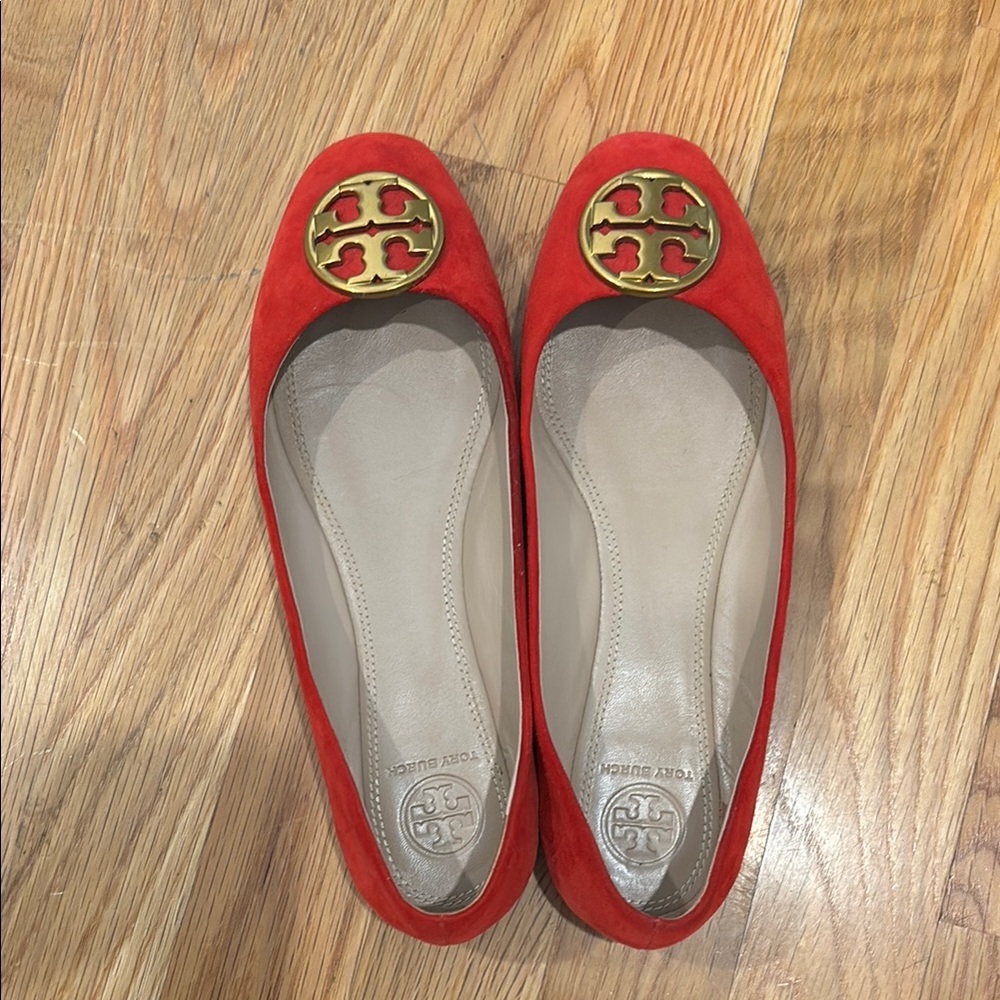 Tory Burch Red Suede Flats with Gold Logo